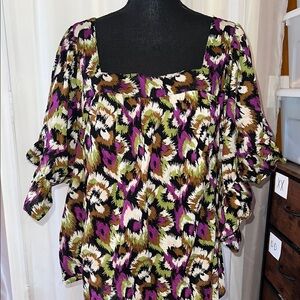 Terra & Sky Square Neckline Watercolor Pattern Boxy Ruffle Top Oversized Size 3X